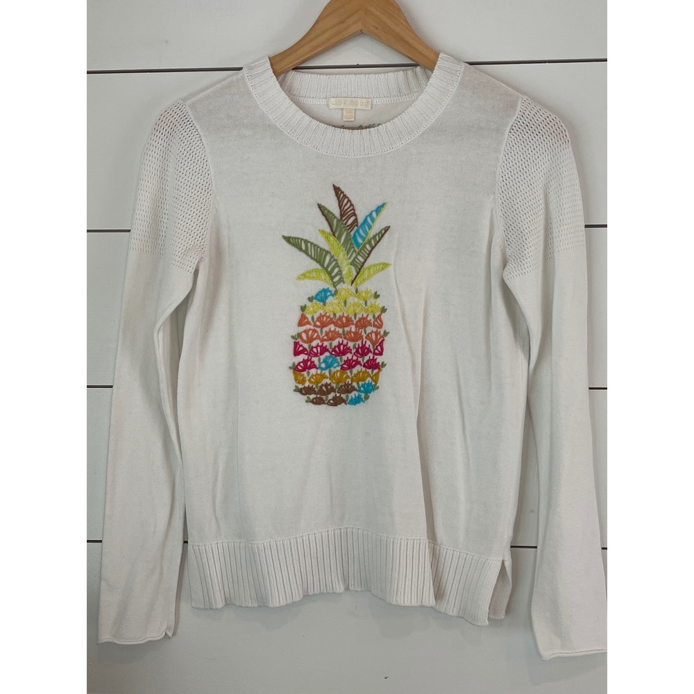 Lisa Todd White Cotton‎ Embroidered Sweater XS quiet luxury resort preppy